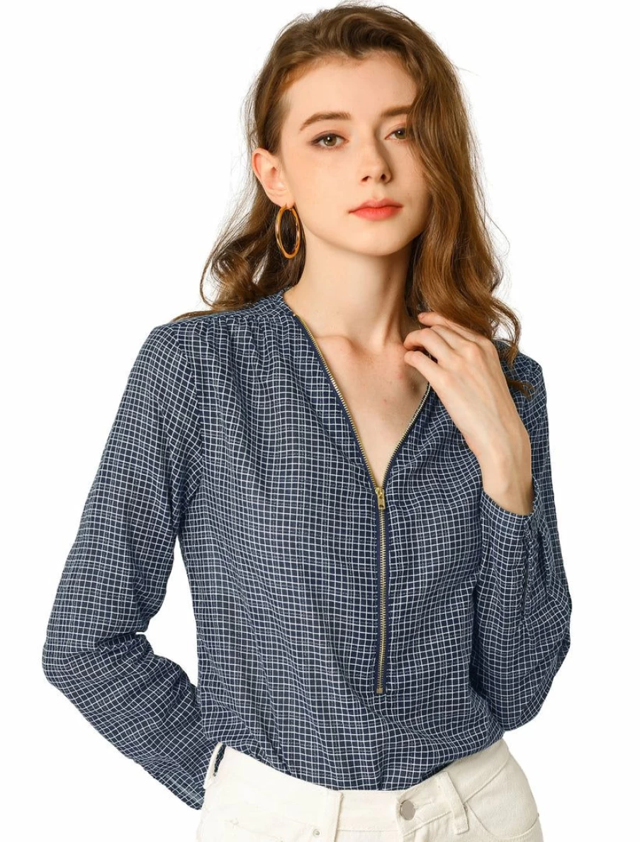 Allegra K Women's Navy Blue Plaid Print V-Neck Zipper Blouse Long Sleeve Button Cuff Casual Top