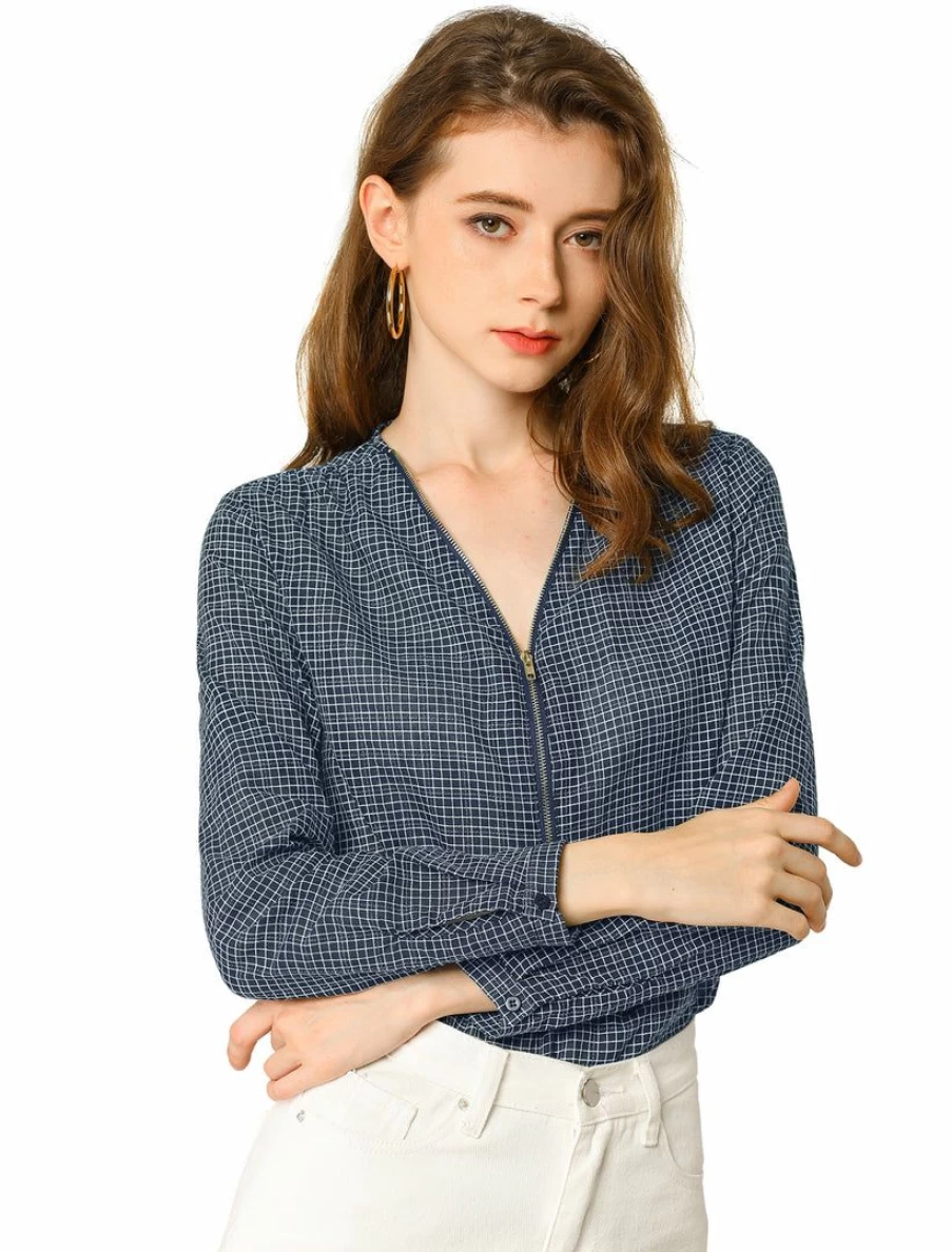 Allegra K Women's Navy Blue Plaid Print V-Neck Zipper Blouse Long Sleeve Button Cuff Casual Top