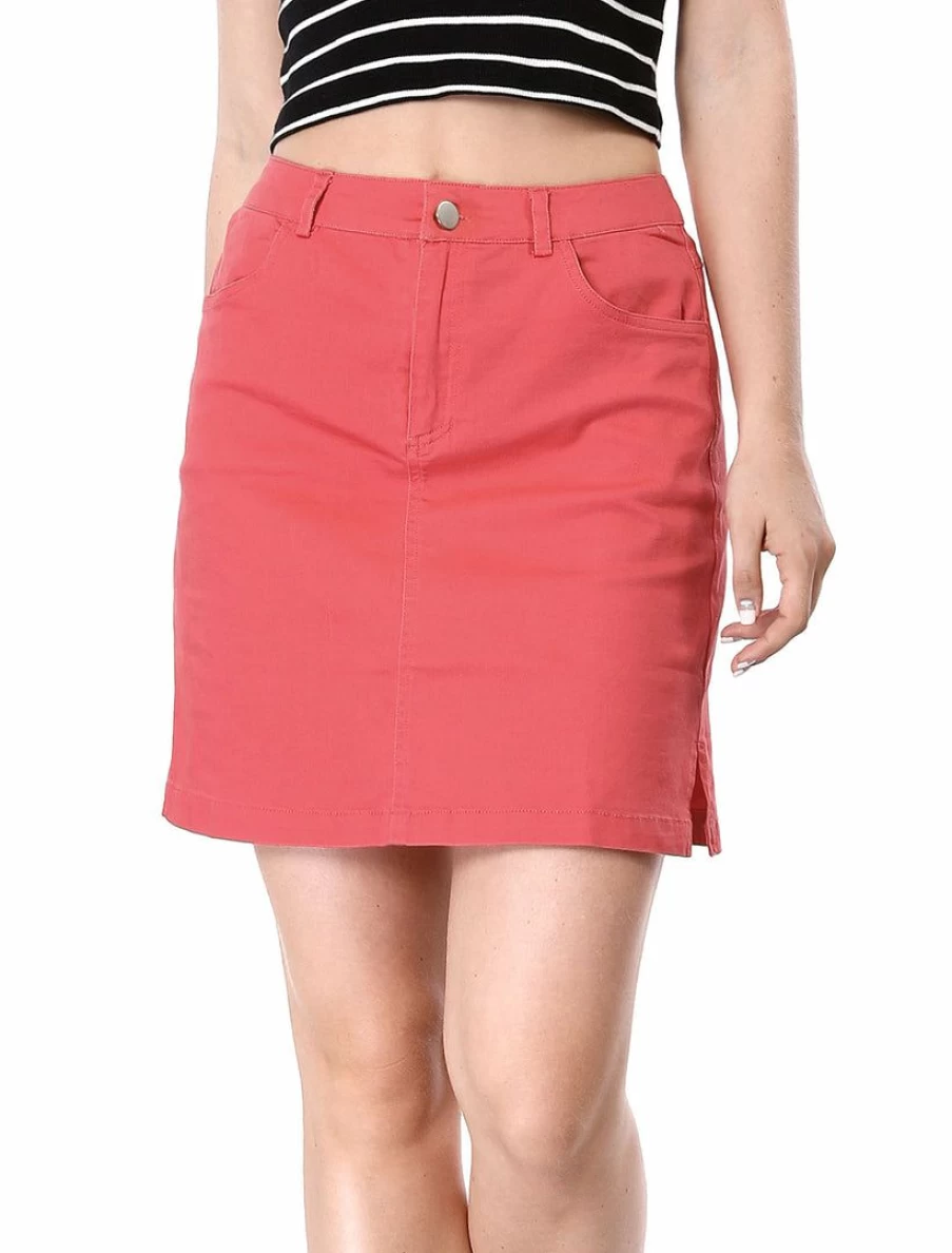 Women's High Waist Straight Skirt with Zip Fly and Side Slits - Knee-Length Stretch Denim A-Line Mini Skirt