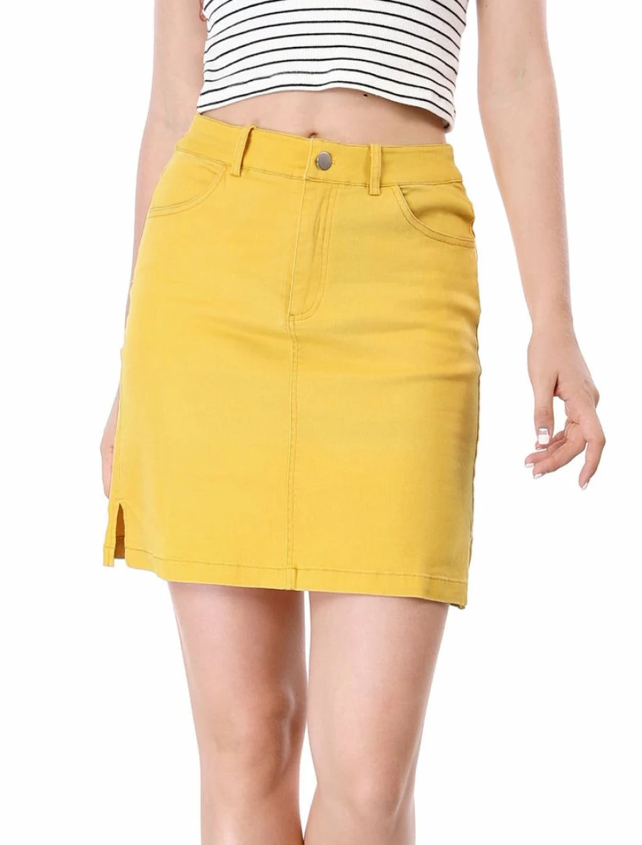 Women's High Waist Straight Skirt with Zip Fly and Side Slits - Knee-Length Stretch Denim A-Line Mini Skirt