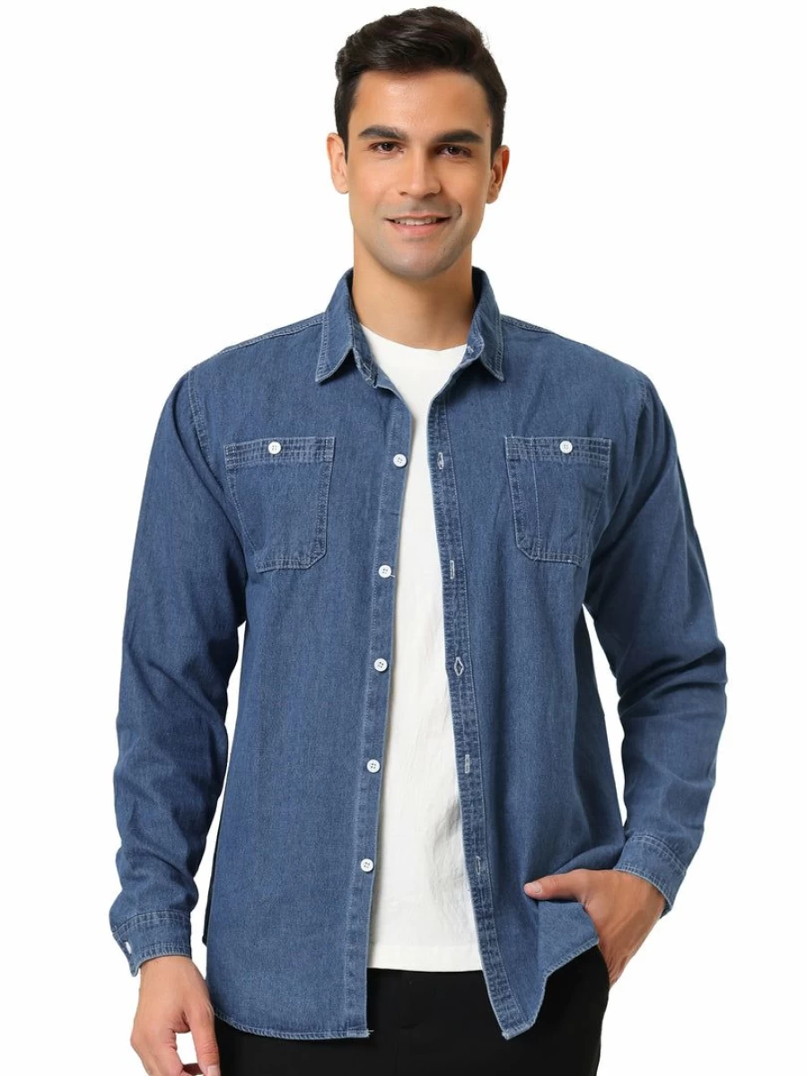 Men's Classic Denim Shirt Long Sleeve Casual Button-Up Top Standard Fit