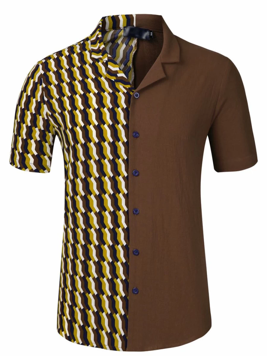 Men's Casual Summer Striped Short Sleeve Button Down Shirt with Printed Patchwork Design