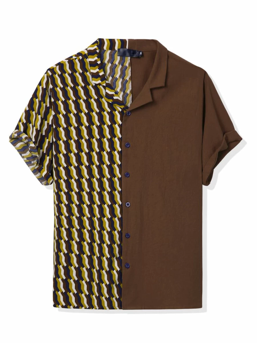 Men's Casual Summer Striped Short Sleeve Button Down Shirt with Printed Patchwork Design