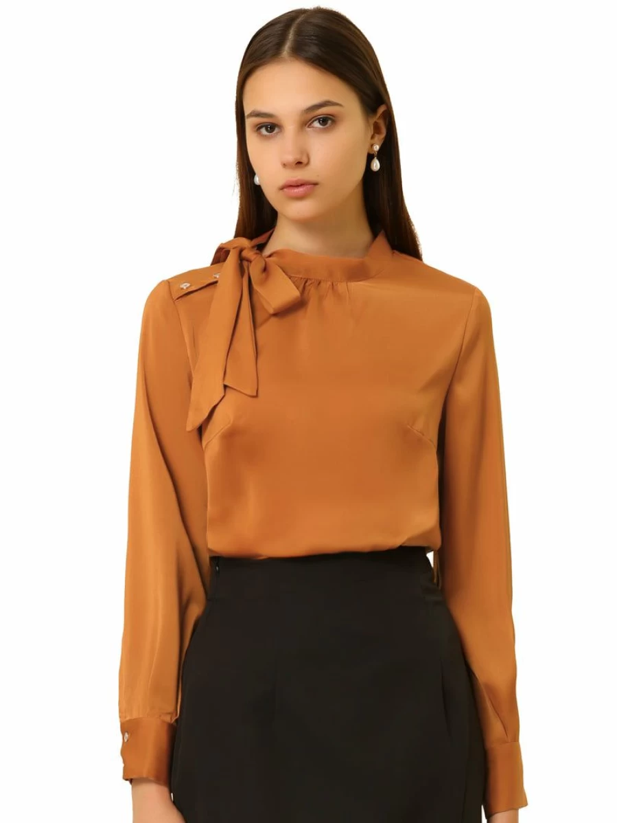 Allegra K Women's Elegant Brown Red Satin Blouse with Bow Tie for Office & Work Tops