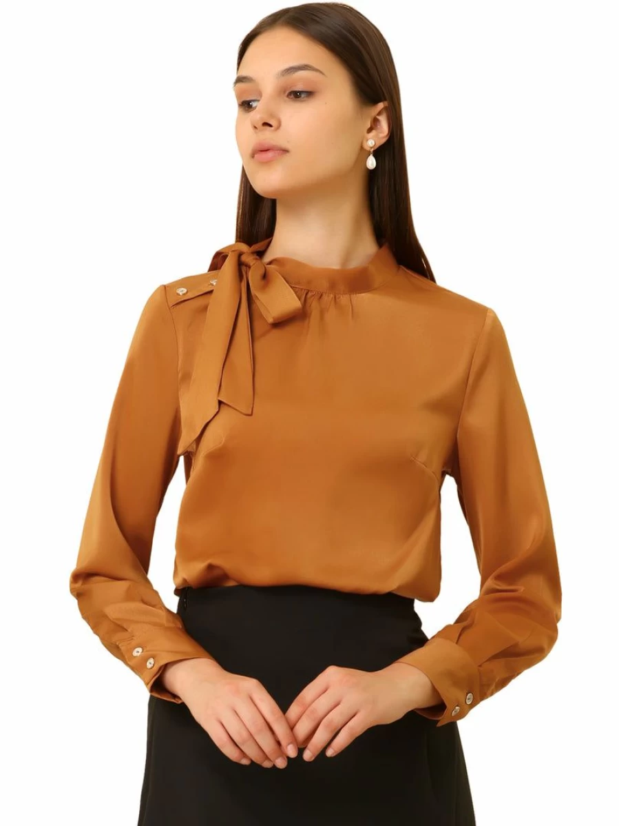 Allegra K Women's Elegant Brown Red Satin Blouse with Bow Tie for Office & Work Tops