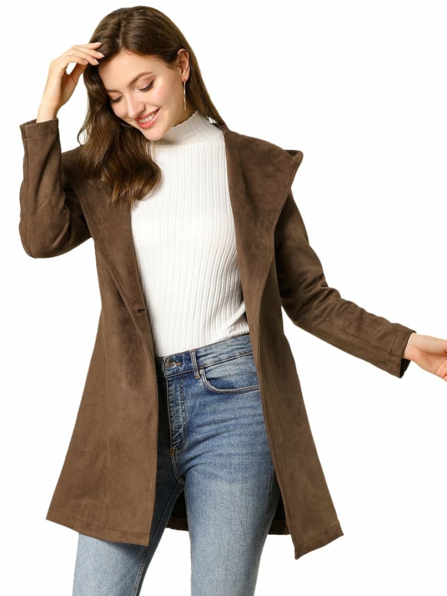 Women's Winter Long Coat with Hood, Lapel, Wrap Design, Belted Waist and Pockets
