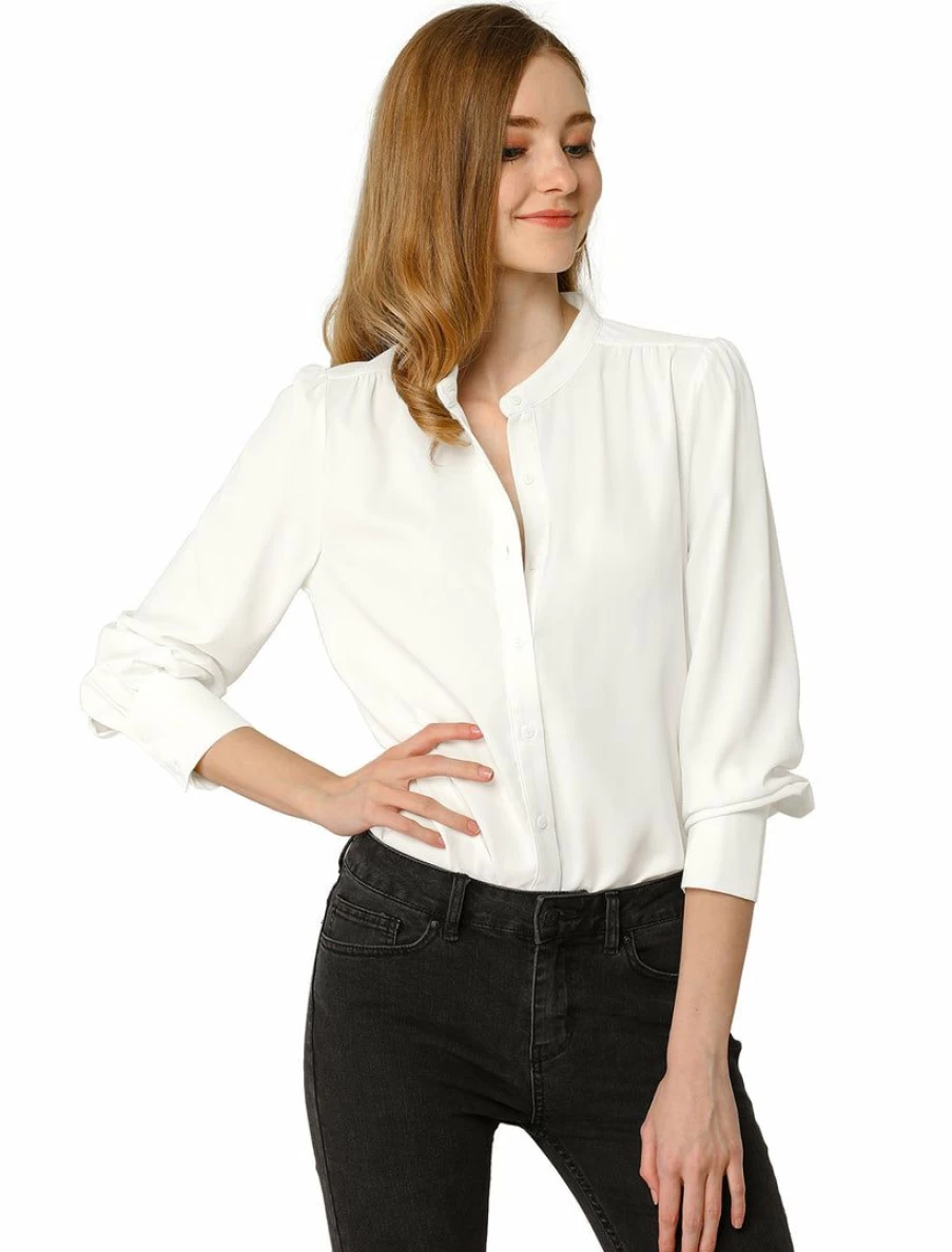 Allegra K Women's Long Sleeve Stand Collar Button Down Blouse for Office Workwear