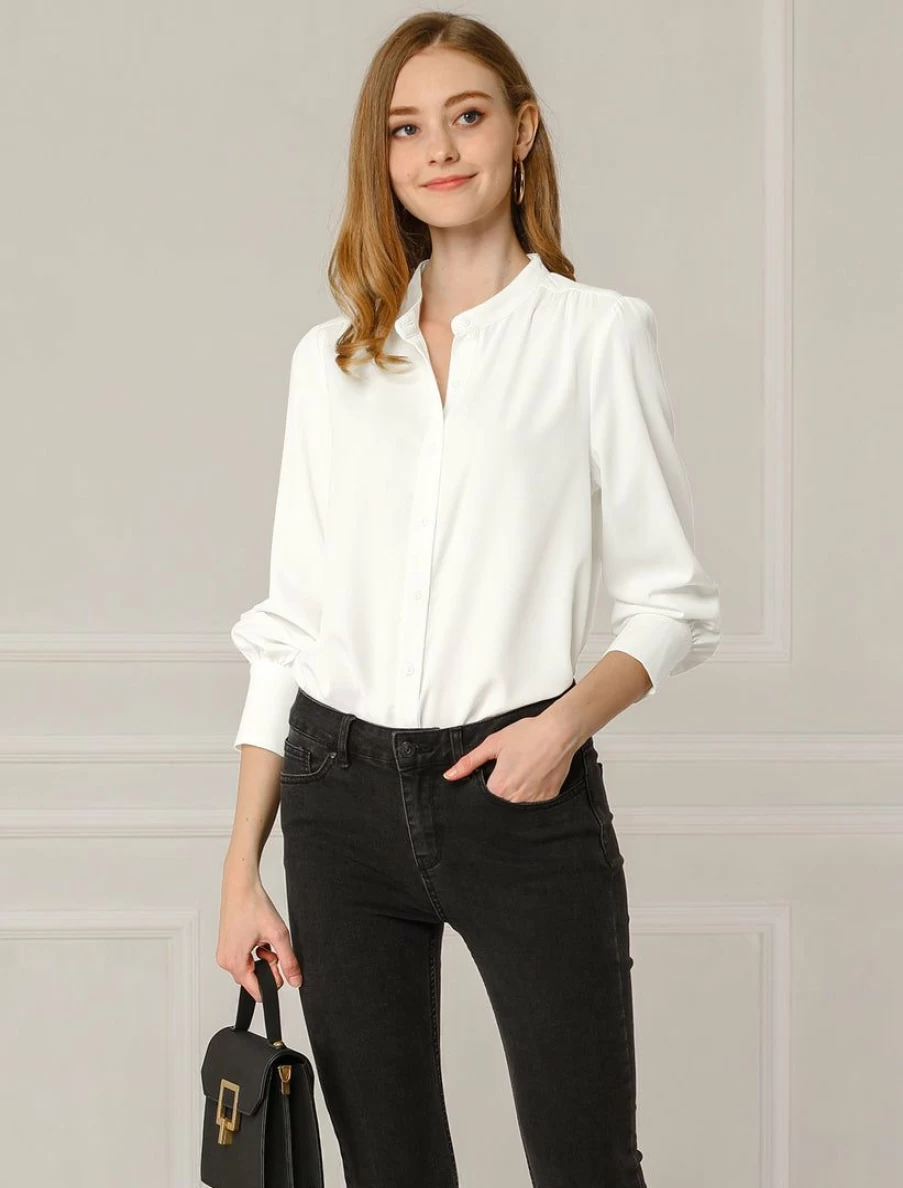 Allegra K Women's Long Sleeve Stand Collar Button Down Blouse for Office Workwear