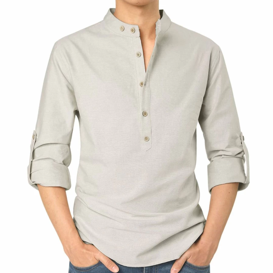 Men's Casual Lightweight Long Sleeve Henley Shirt with Banded Collar and Button Down Design