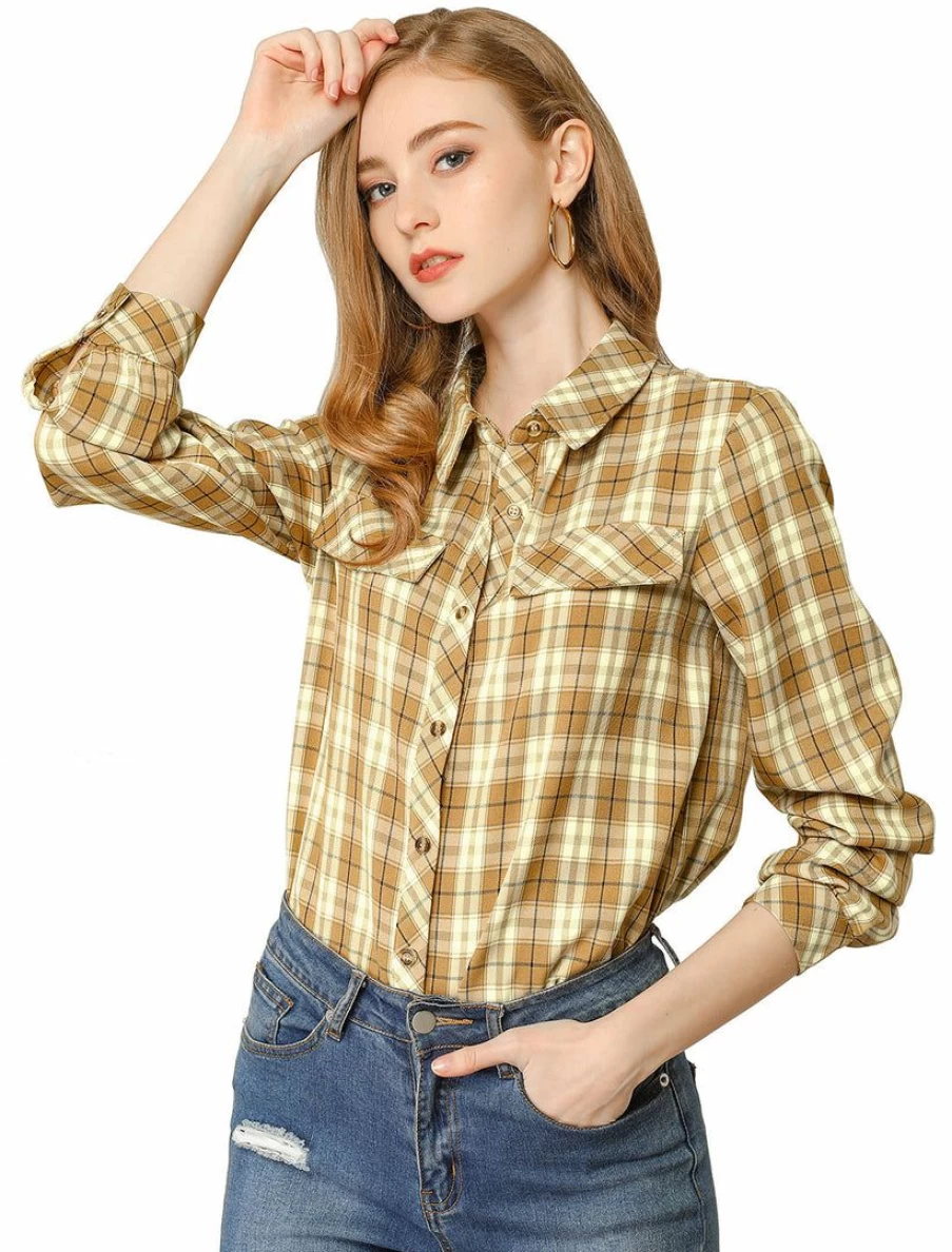 Allegra K Women's Brown Tartan Plaid Long Sleeve Button-Down Shirt with Vintage Collar