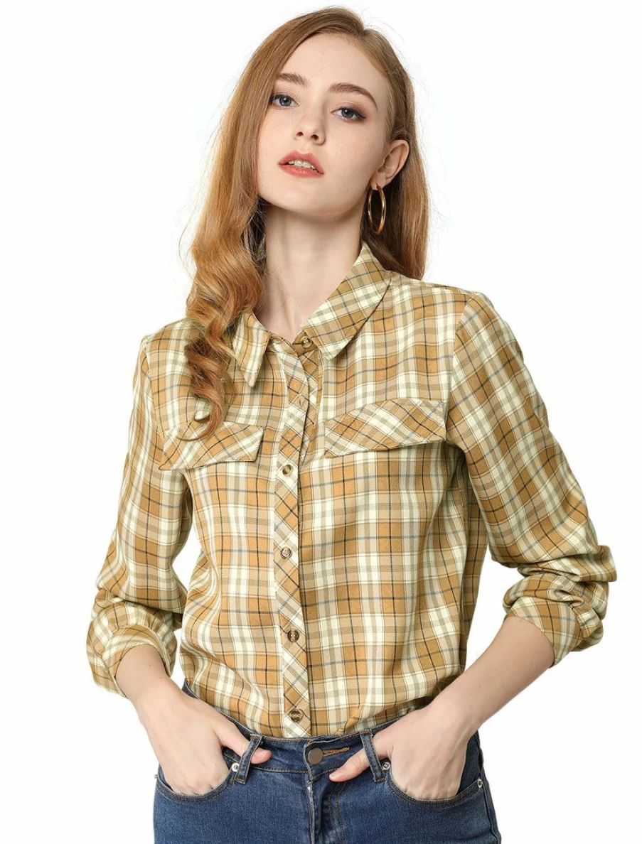 Allegra K Women's Brown Tartan Plaid Long Sleeve Button-Down Shirt with Vintage Collar
