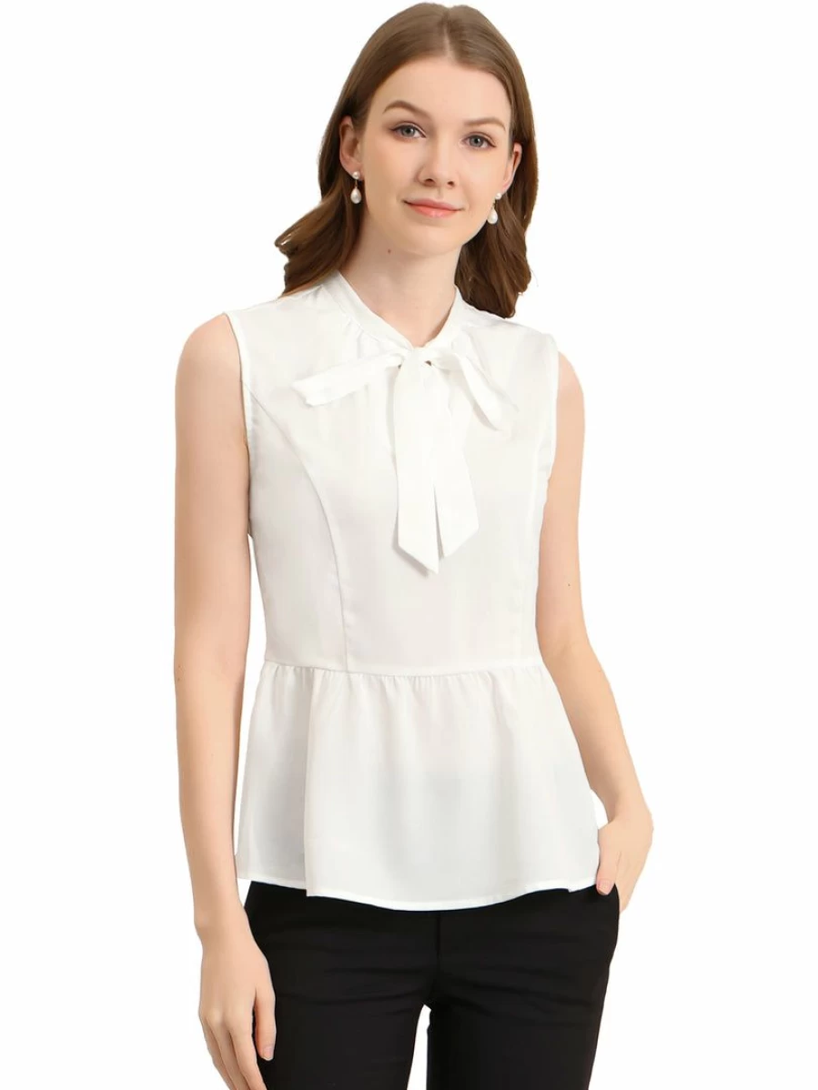 Women's White Elegant Bow Tie Neck Sleeveless Blouse Tops