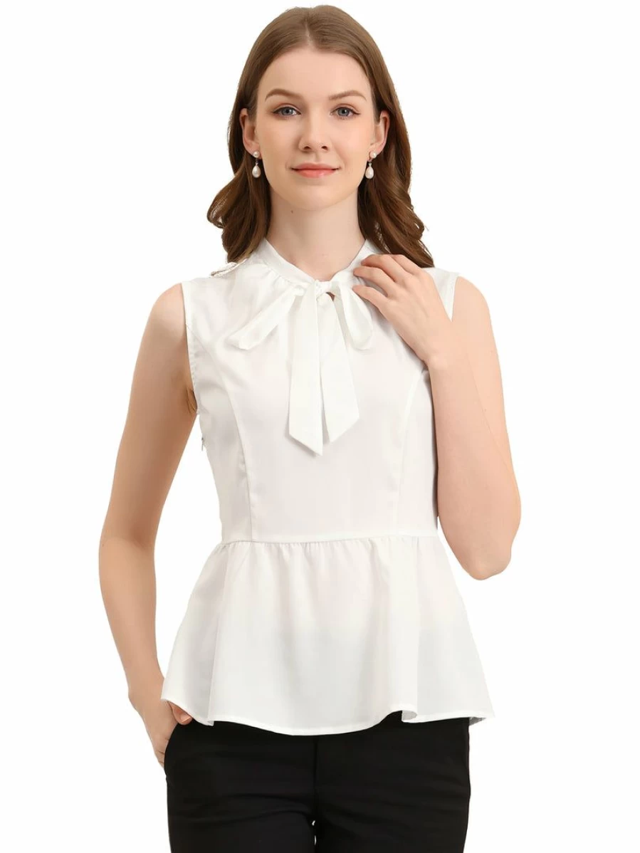 Women's White Elegant Bow Tie Neck Sleeveless Blouse Tops