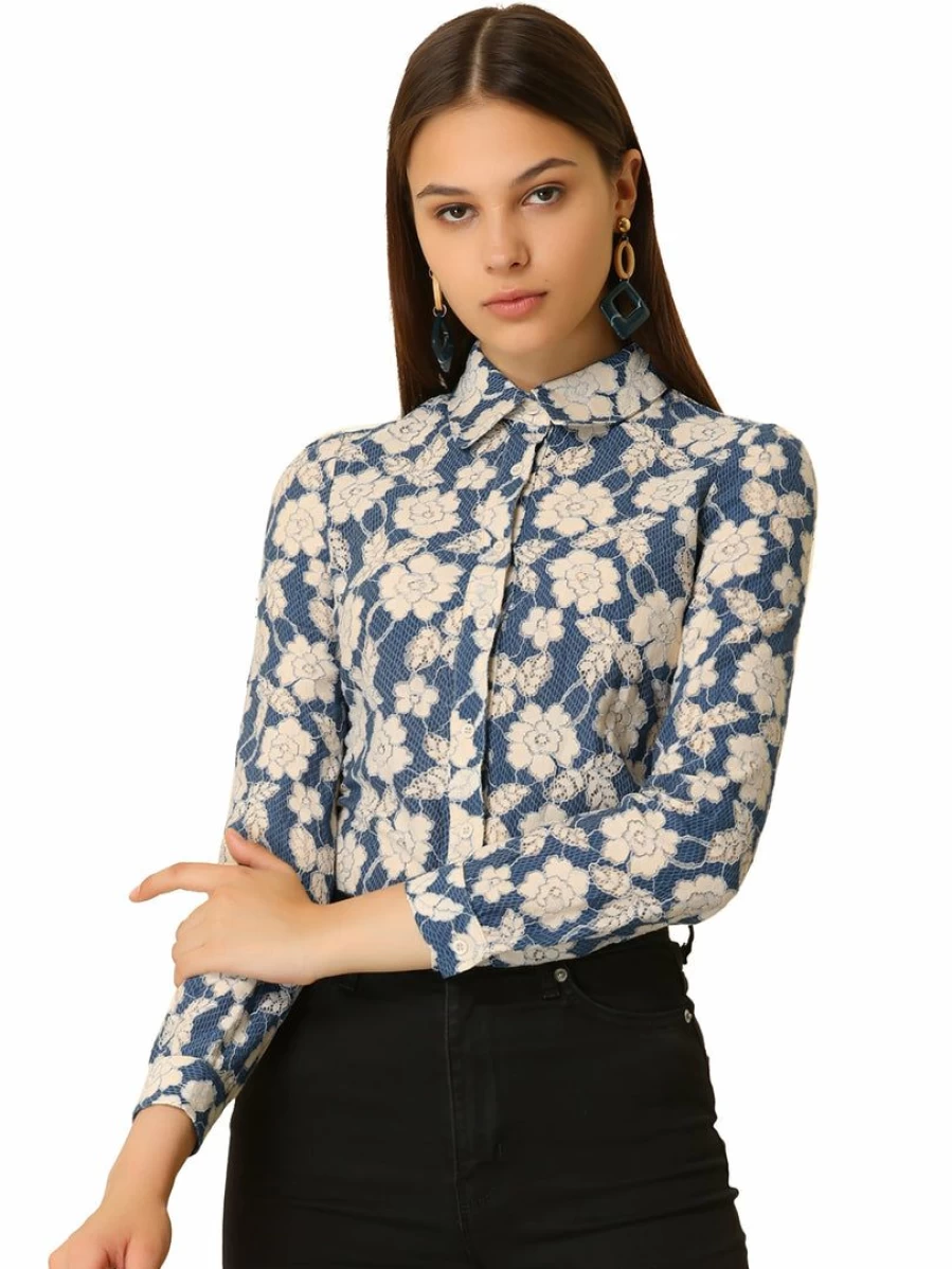 Allegra K Women's Blue Lace Floral Semi-Sheer Button-Down Collar Blouse for Work