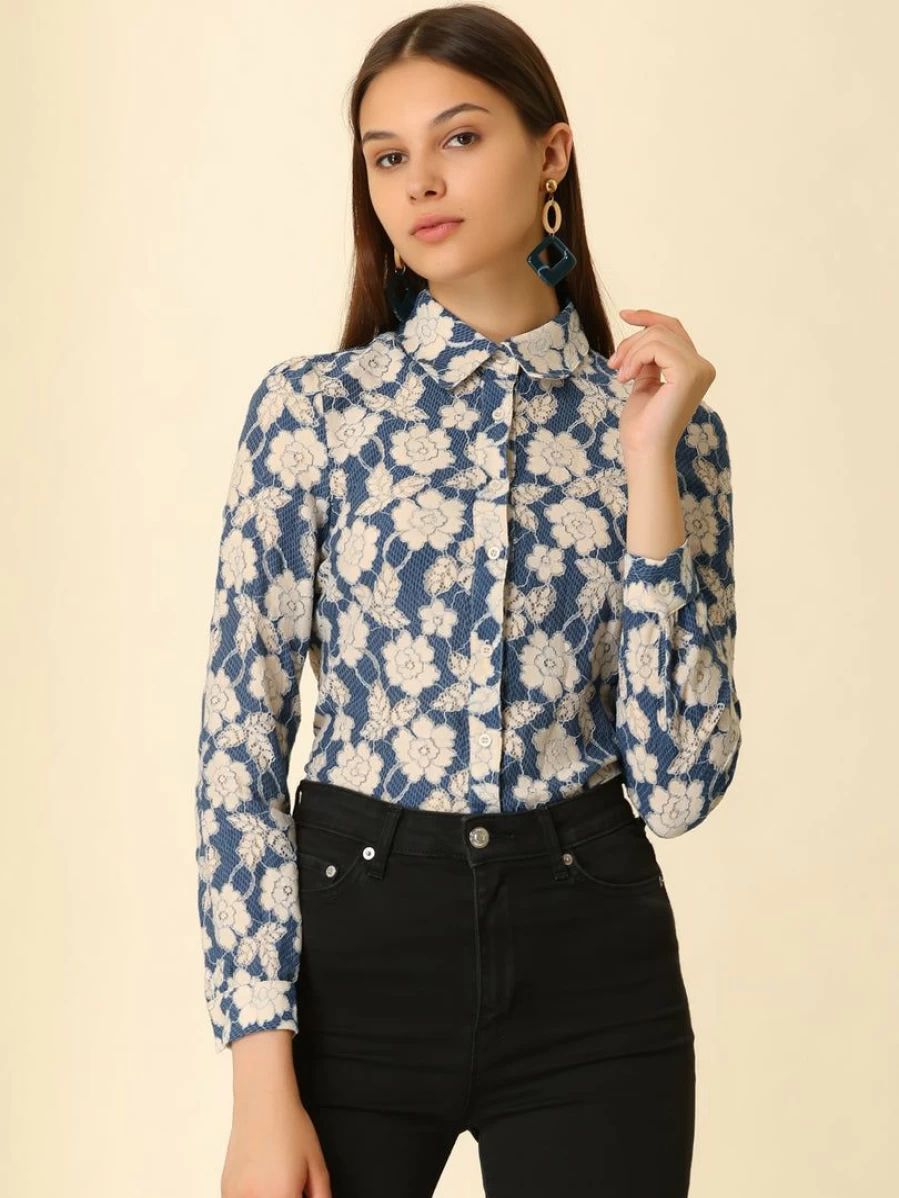 Allegra K Women's Blue Lace Floral Semi-Sheer Button-Down Collar Blouse for Work