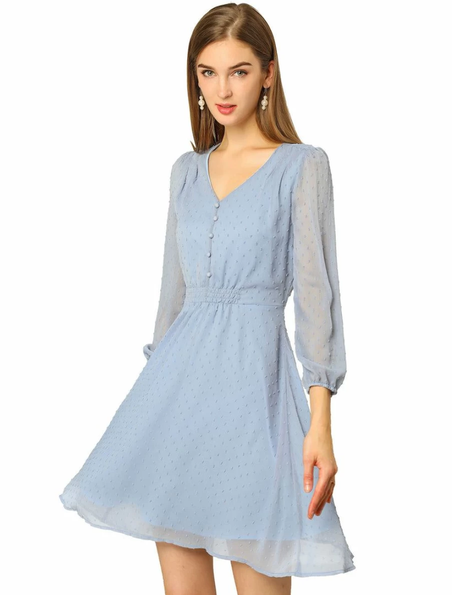 Women's Flowy Chiffon A-Line Dress with V-Neck and 3/4 Elastic Sleeves