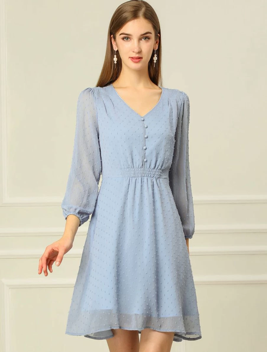 Women's Flowy Chiffon A-Line Dress with V-Neck and 3/4 Elastic Sleeves