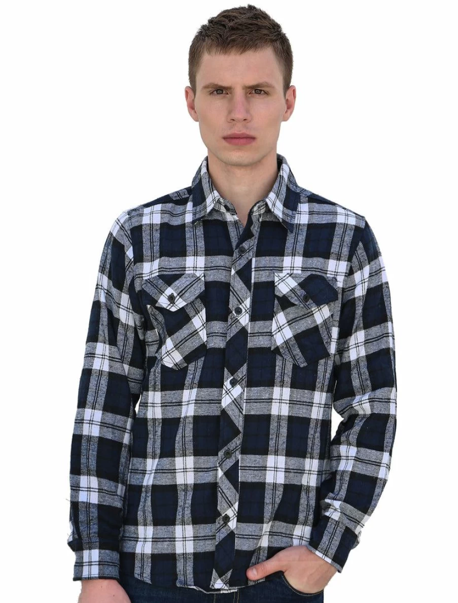 Blue And White Check Print Flannel Shirt for Men - Long Sleeve Button Up Shirt