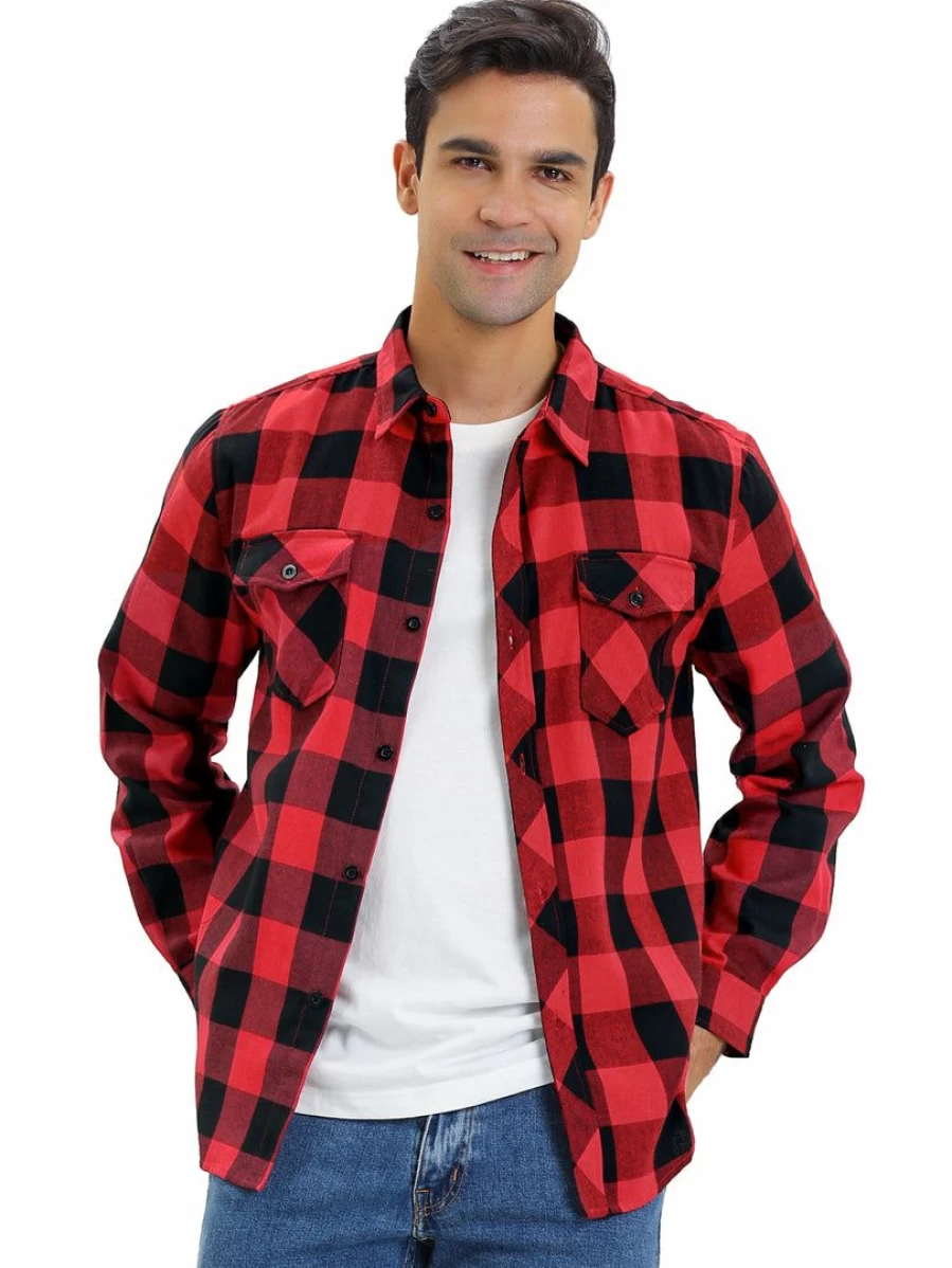 Blue And White Check Print Flannel Shirt for Men - Long Sleeve Button Up Shirt