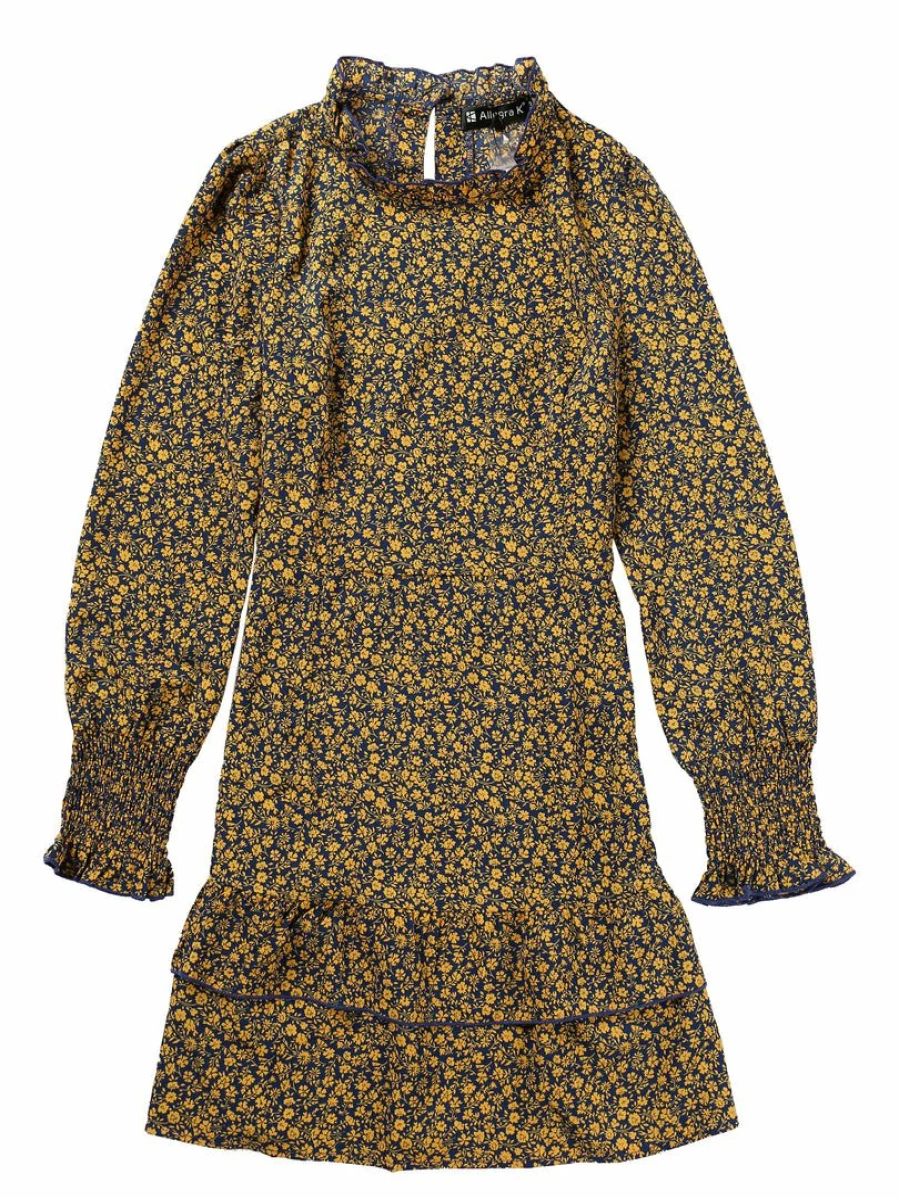 Allegra K Women's Dark Blue Floral Mini Dress with Crew Neck and Ruffle Layered A-Line Design