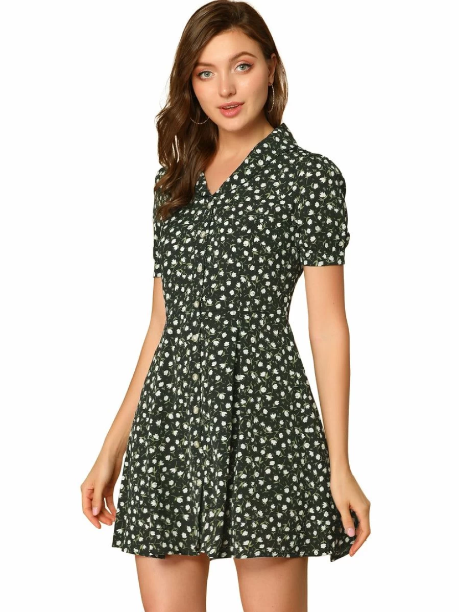 Women's Floral Print V-Neck Short Sleeve Shirt Dress with Button Front