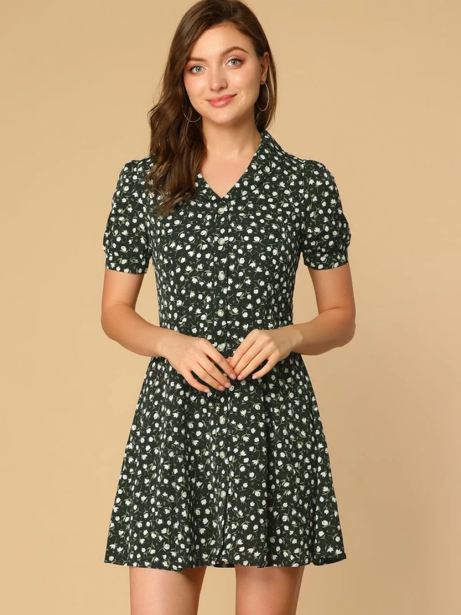 Women's Floral Print V-Neck Short Sleeve Shirt Dress with Button Front