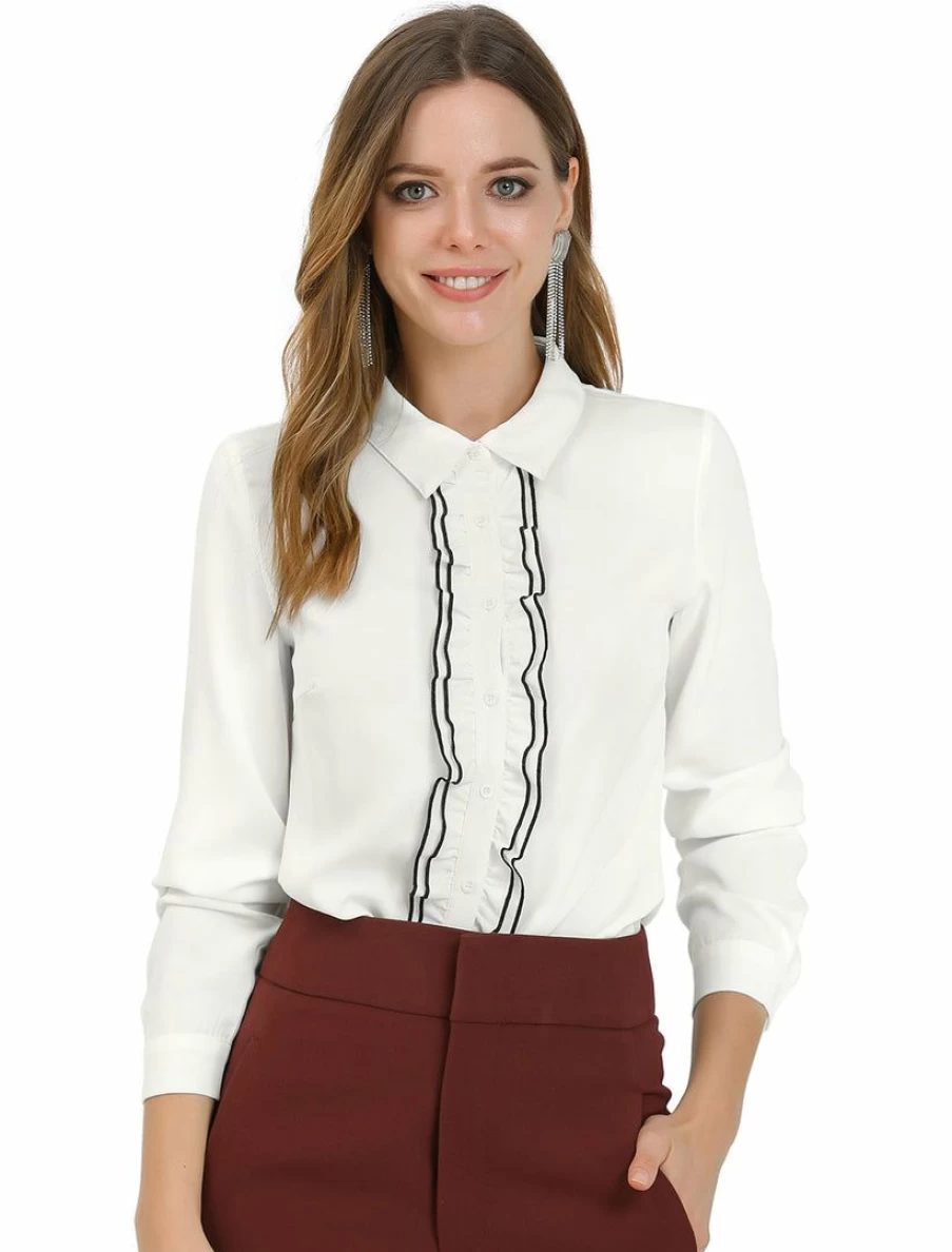 Elegant White Long Sleeve Blouse with Ruffle Trim and Button Up Detail