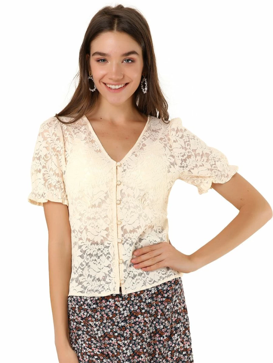 Beige Floral Lace Blouse for Women - V Neck Puff Sleeve with Elastic Cuff Button Up Top