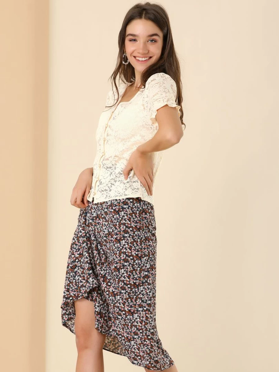 Beige Floral Lace Blouse for Women - V Neck Puff Sleeve with Elastic Cuff Button Up Top