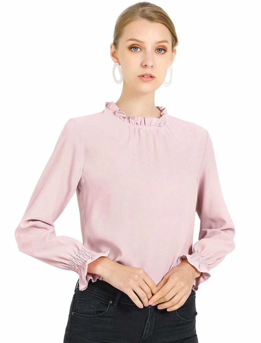 Allegra K Women's Pink Long Sleeve Ruffle Mock Neck Blouse for Casual Work Wear