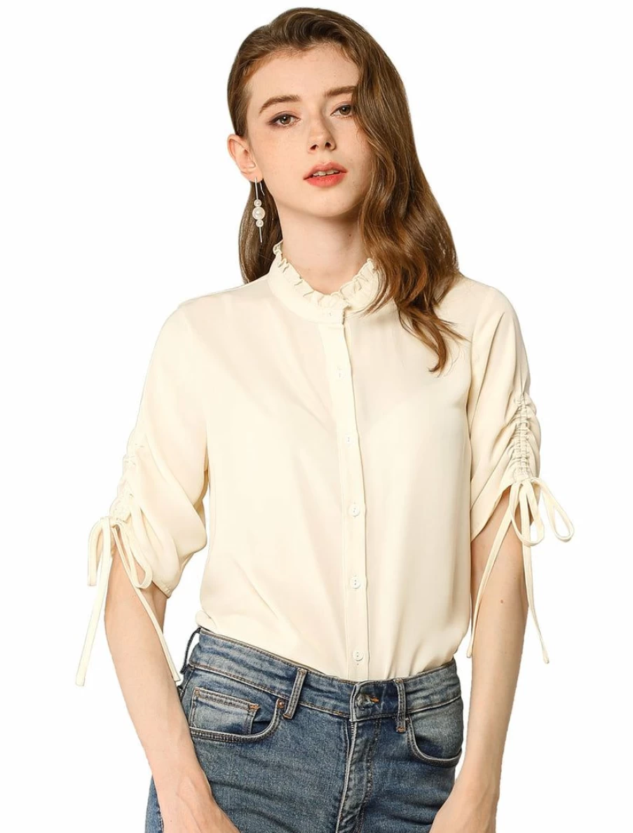 "Apricot Casual Blouse for Women - Ruched Half Sleeve Button Up Shirt"