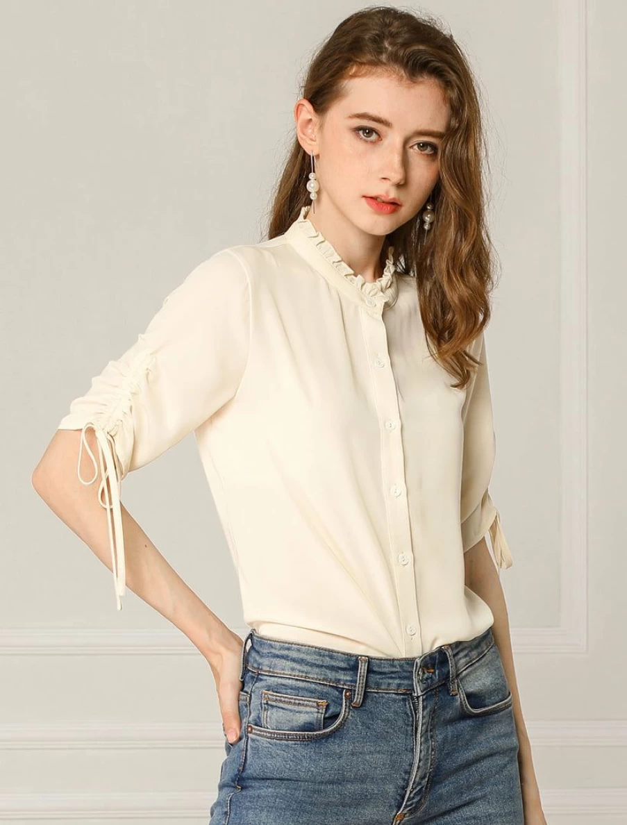"Apricot Casual Blouse for Women - Ruched Half Sleeve Button Up Shirt"