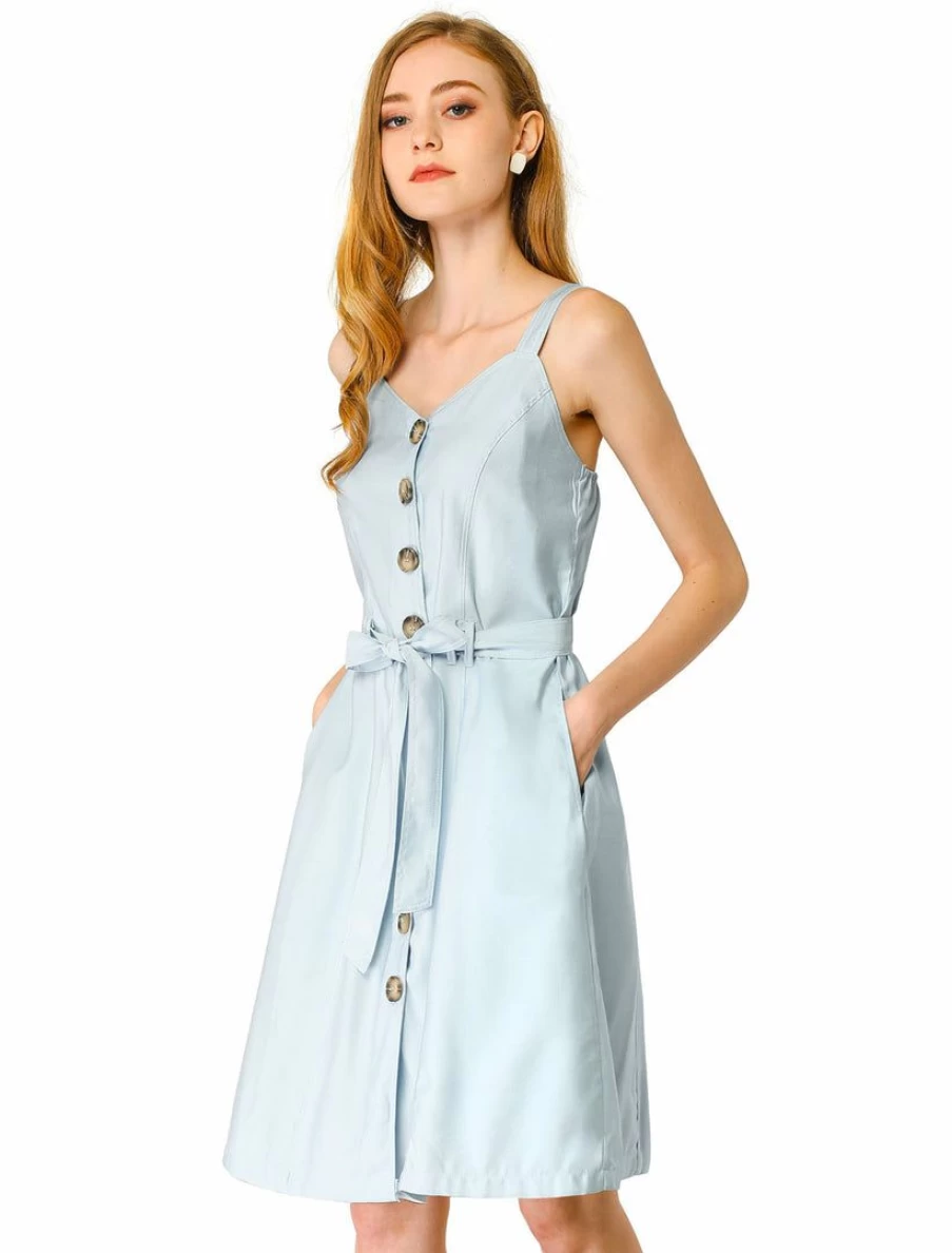 Women's Sweetheart Neck Belted Cami Dress with Pockets and Button Front Strap