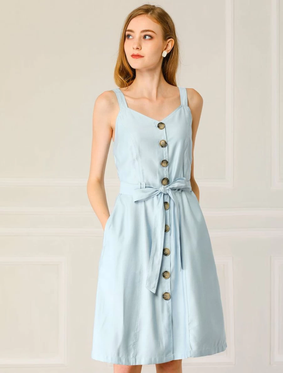 Women's Sweetheart Neck Belted Cami Dress with Pockets and Button Front Strap