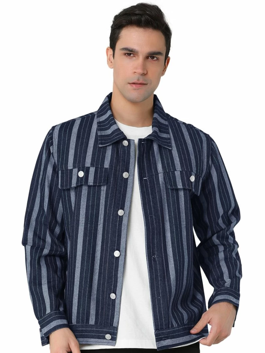 Men's Blue Striped Denim Trucker Jacket - Button Down Casual Outerwear Coat