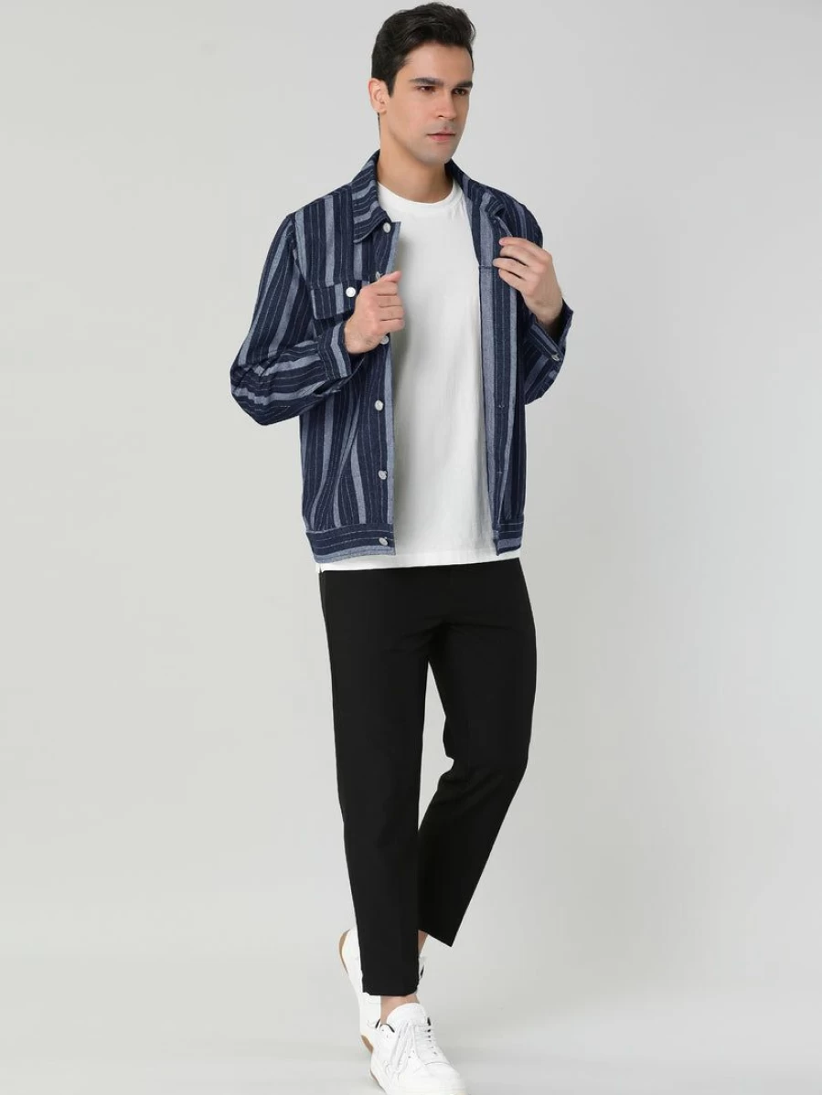 Men's Blue Striped Denim Trucker Jacket - Button Down Casual Outerwear Coat