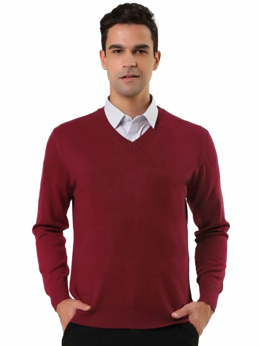 Men's Classic Solid Color V-Neck Long Sleeve Knit Sweater