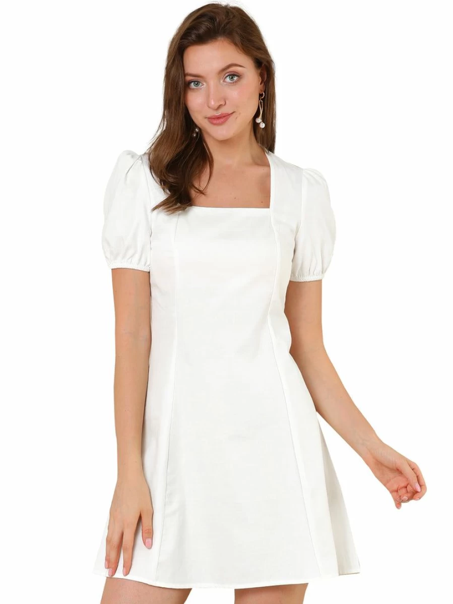 Women's Elegant Square Neck Cotton Dress with Puff Sleeves - A-Line Short Summer Dress in Solid Colors
