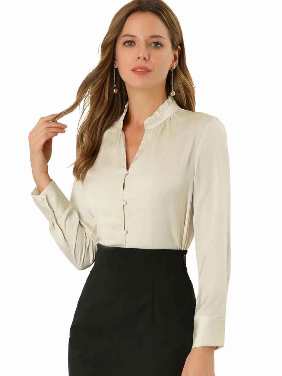 Beige Women's Ruffled Satin Blouse Long Sleeve Button Down Shirt for Office Work