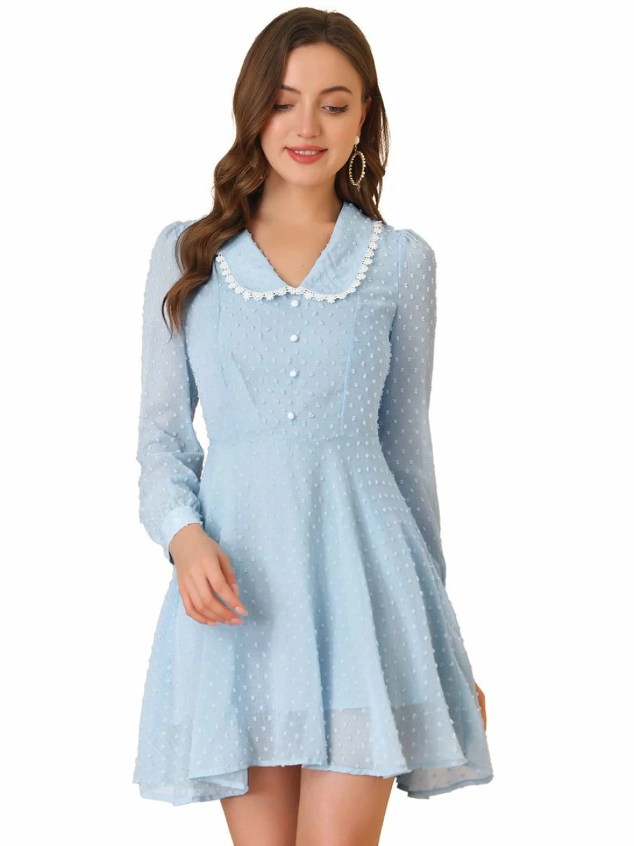 Blue Retro Mini Dress with Peter Pan Collar & Crochet Trim - Swiss Dots Long Sleeve Vintage Style