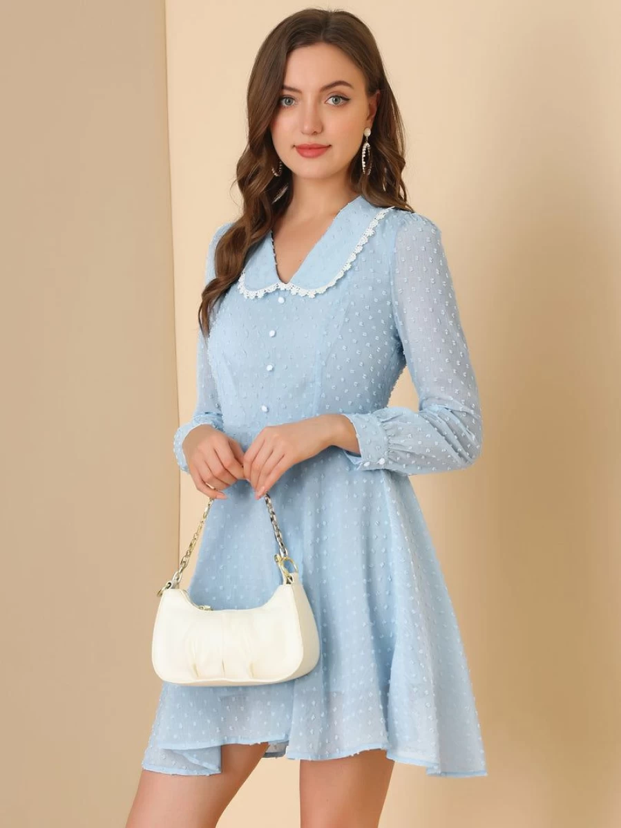 Blue Retro Mini Dress with Peter Pan Collar & Crochet Trim - Swiss Dots Long Sleeve Vintage Style
