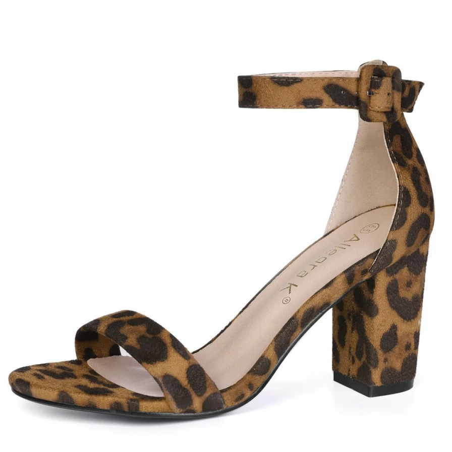 Women's Open Toe Ankle Strap Sandals with Block Heel and Printed Design