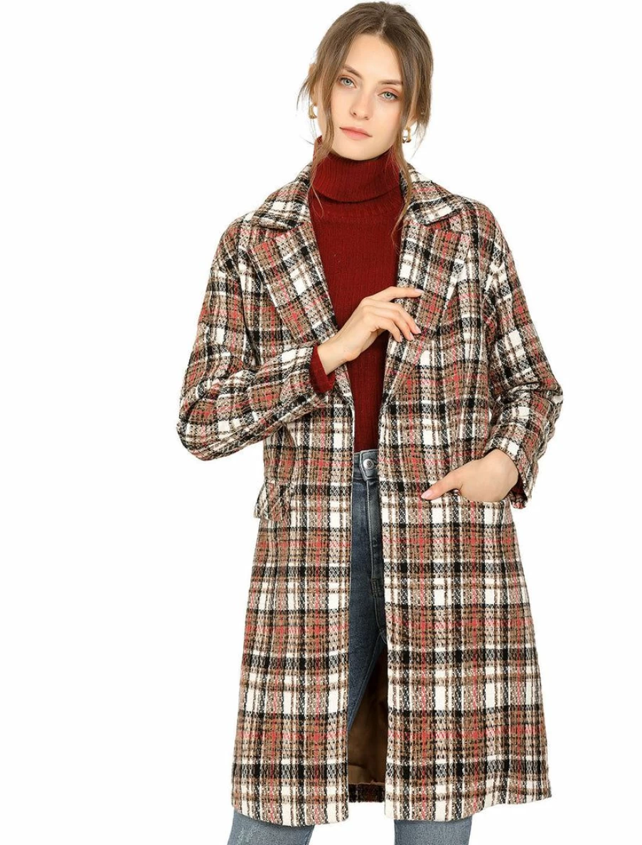 Allegra K Women's Khaki Plaid Cardigan Coat with Notch Lapel, Open Front, and Belt