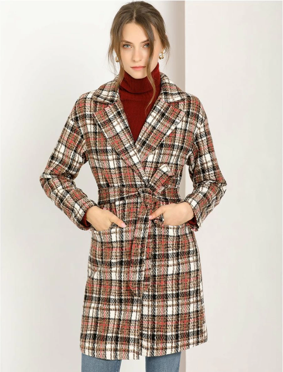 Allegra K Women's Khaki Plaid Cardigan Coat with Notch Lapel, Open Front, and Belt
