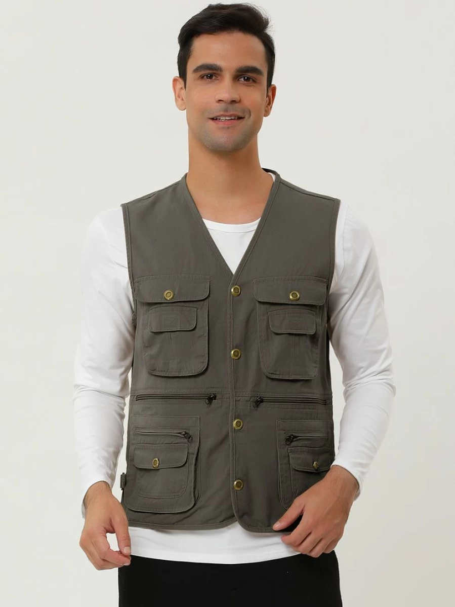 Men's Outdoor Safari Vest Sleeveless Multi-Pocket Cargo Gilet Waistcoat for Hiking Travel