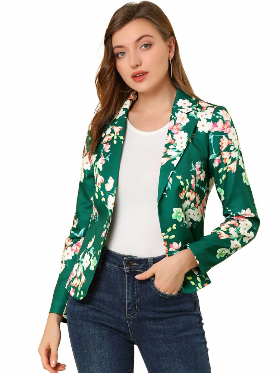 Women's Floral Print Notched Lapel Open Front Blazer - Elegant Casual Jacket