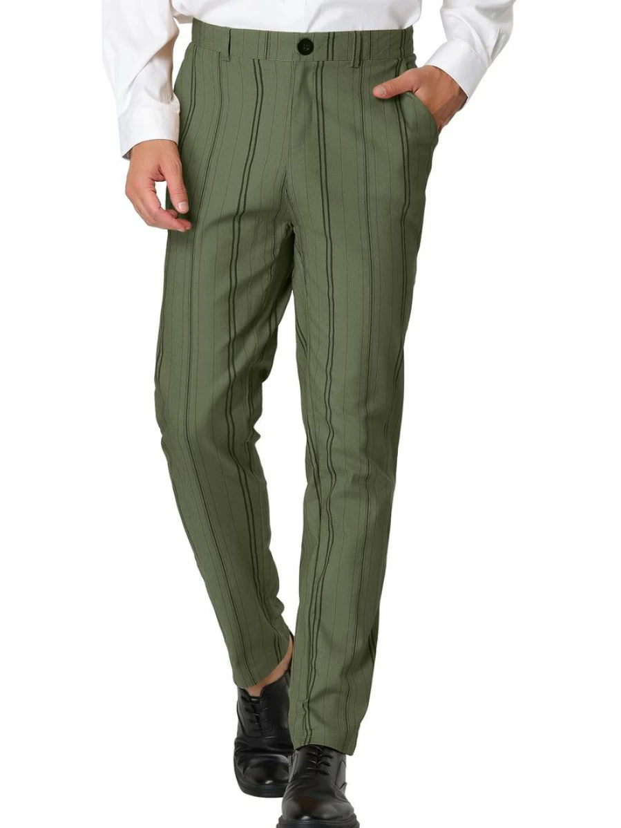 Men's Slim Fit Striped Dress Pants for Business Flat Front Pencil Trousers