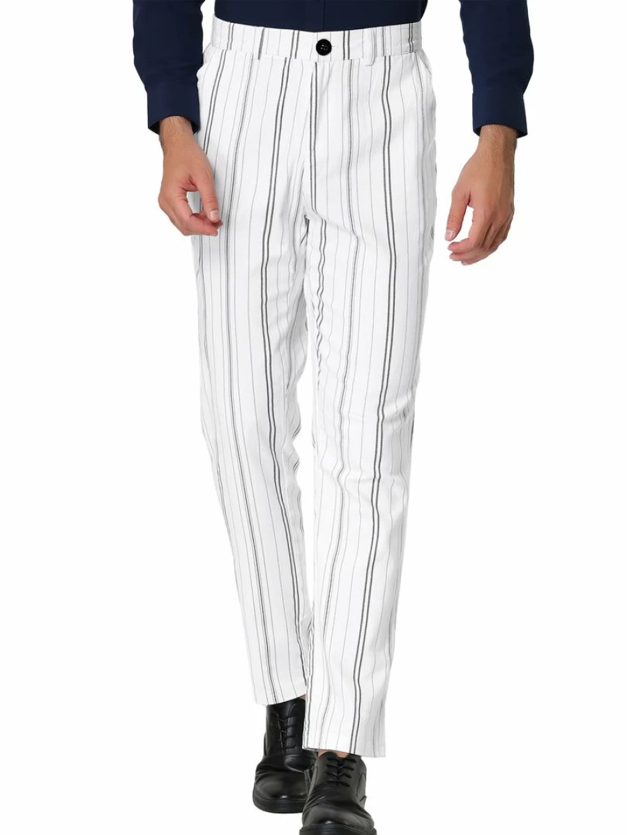 Men's Slim Fit Striped Dress Pants for Business Flat Front Pencil Trousers