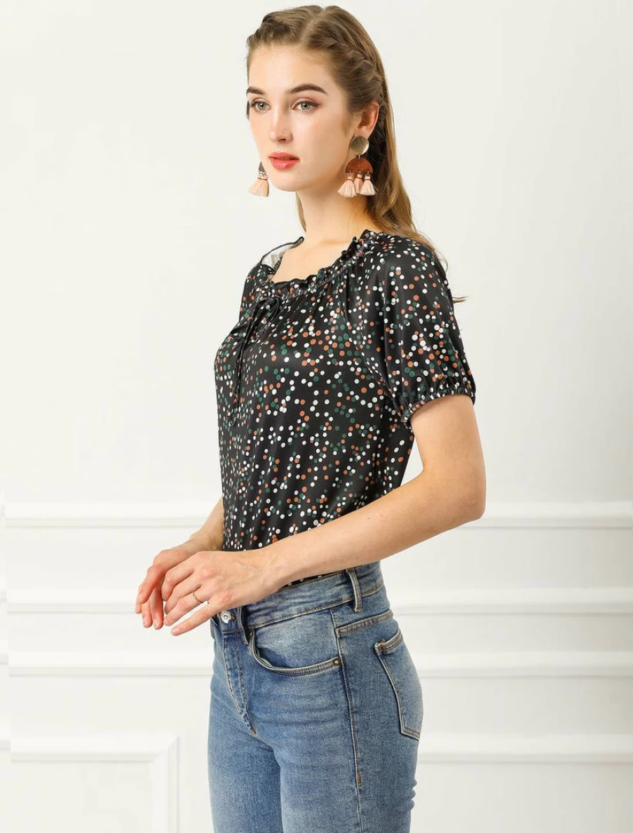Black Polka Dot Ruffled Blouse for Women - Round Neck Raglan Sleeve Summer Top