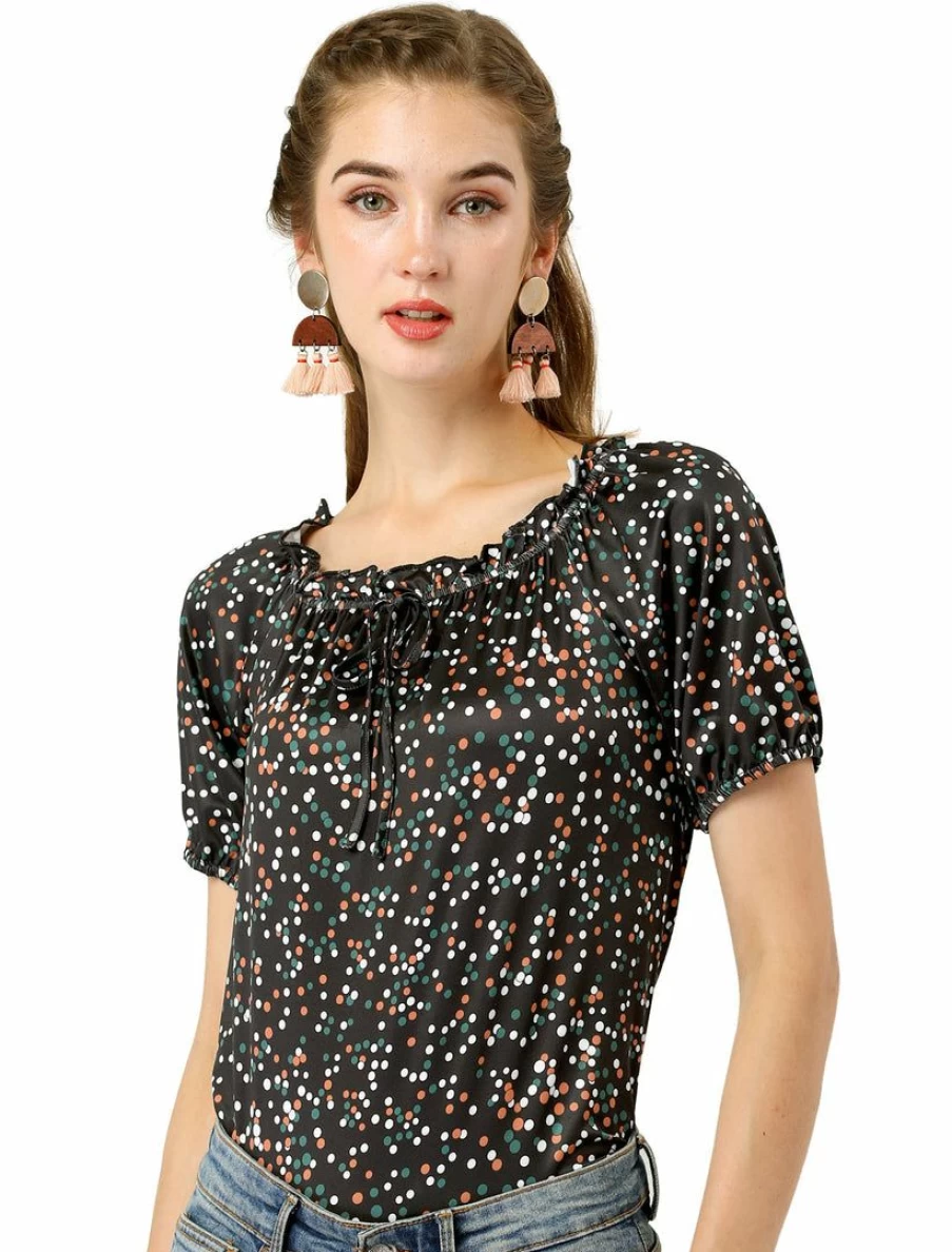 Black Polka Dot Ruffled Blouse for Women - Round Neck Raglan Sleeve Summer Top